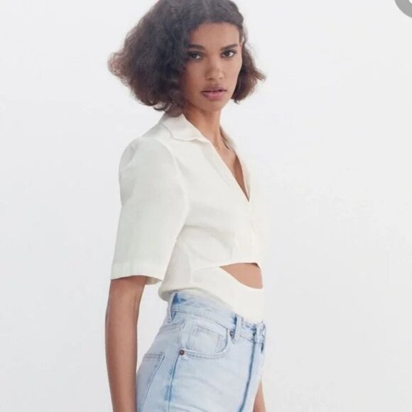 Zara White Elastic Linen Cut out Bodysuit Collard V Neck Short Sleeve Size S - Picture 9 of 9